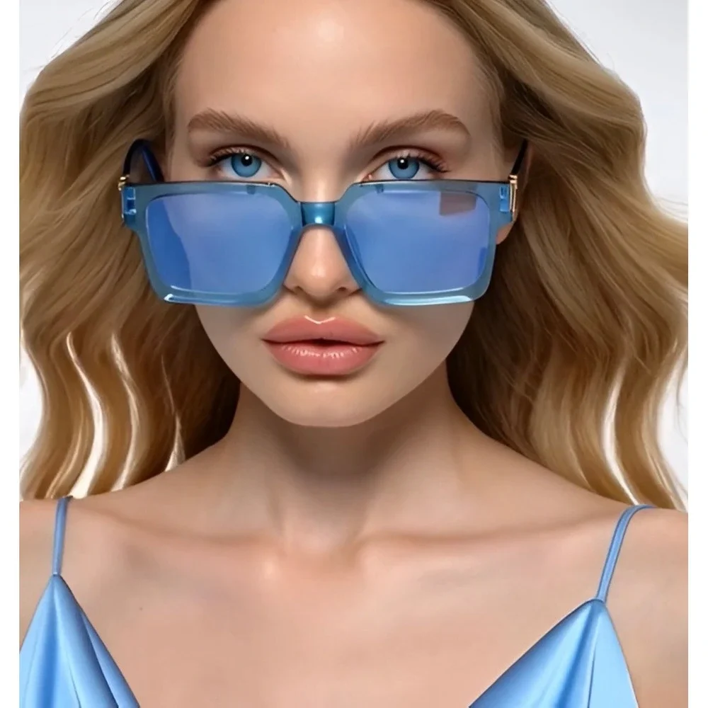 Blue Oversized Square Sunglasses Women Gold Enamel Geometric Chunky Frames Gafas